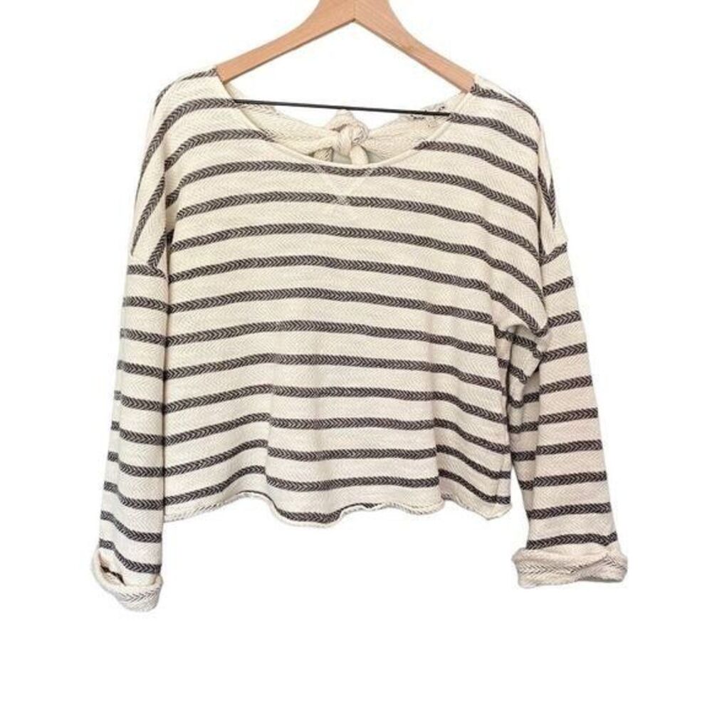 Lucky Brand Small Long Sleeve Cropped Knit Top Black & Cream Off White Open Back